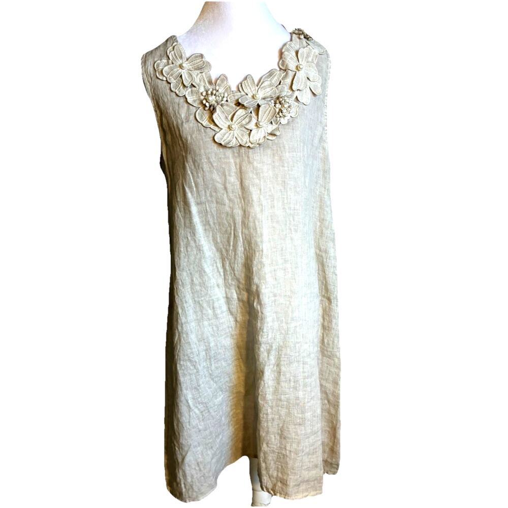 Rosemarine Italy 100% Linen Shift Dress Tan Floral Pearls Appliqué Boho Luxury S